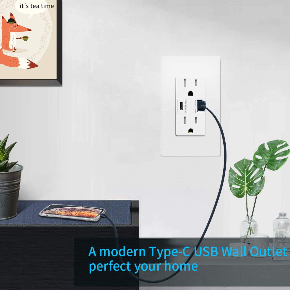 Micmi USB Outlet with C + A Wall Dual High Speed Receptacle Smart 4.8A Fast Charging Capability,15Amp 125Volt, Tamper Resistant Wall Plate Included (10Pack, White, 15 Amp Outlet)
