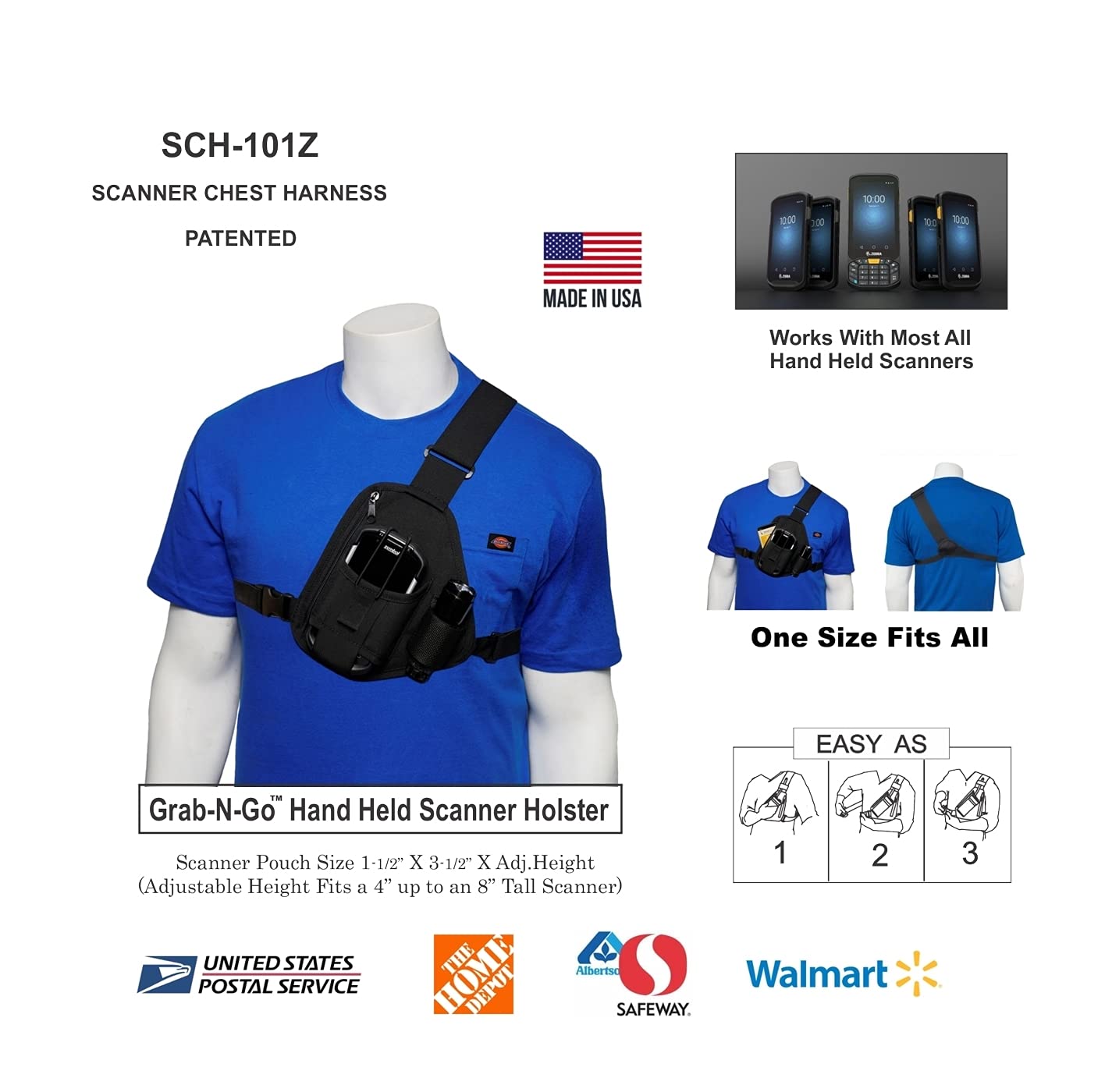 HOLSTERGUY SCH-101Z Universal Scanner Holster Chest Harness with Adjustable 4-8 Inch Depth - Hands-Free Barcode Scanner Holder for Warehouse and Delivery - Made in USA