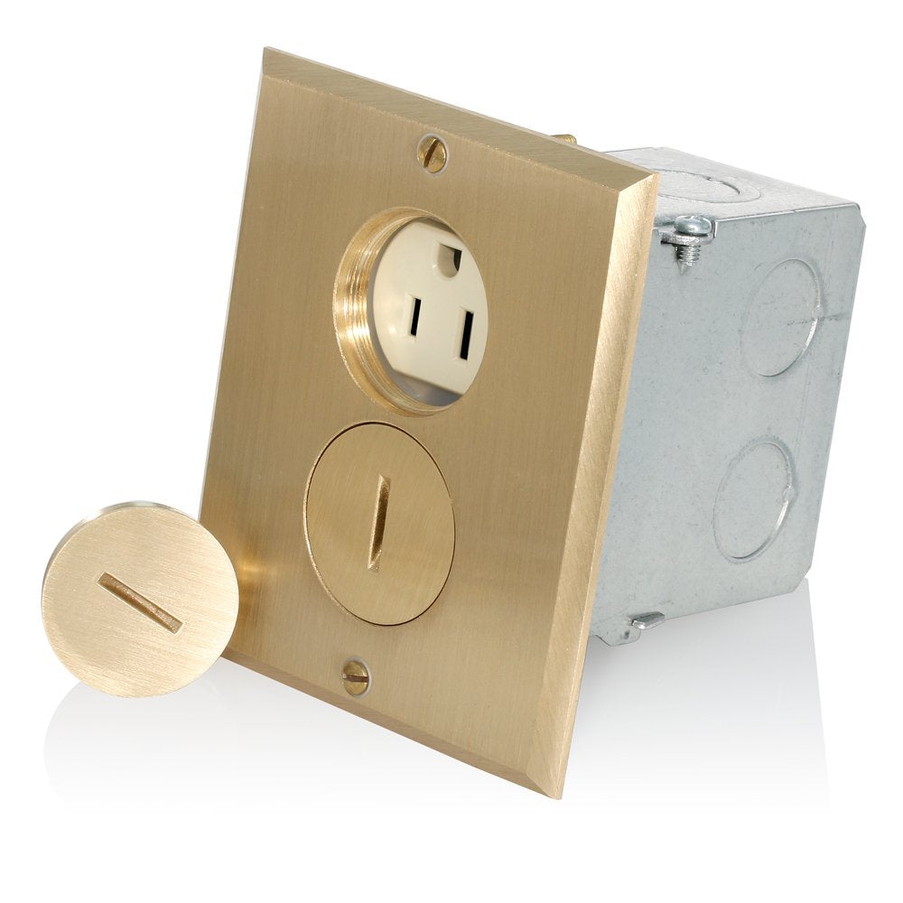 Leviton 25249-FBA 15 Amp Commercial Grade Self Grounding Duplex Outlet Floor Box, Ivory/Brass