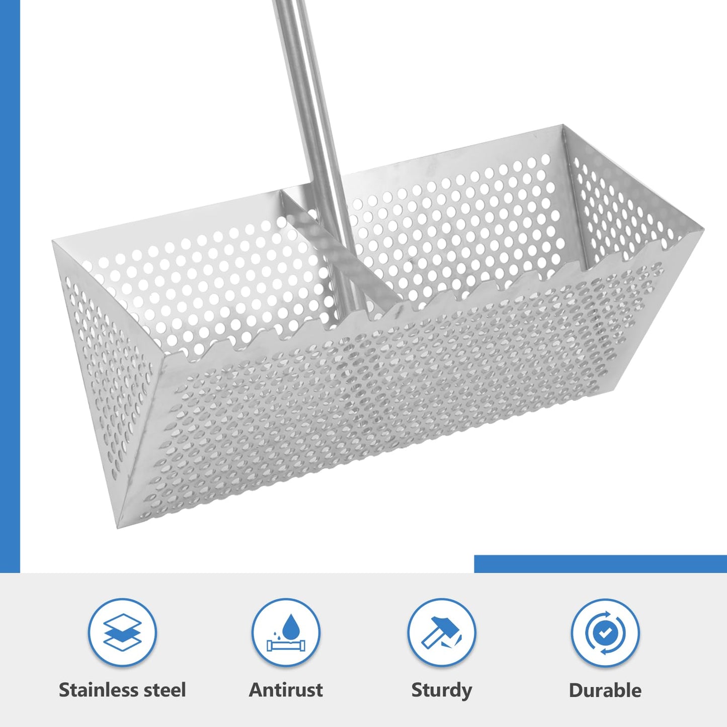 AshKiz Sand Flea Rake, Detachable Sand Flea Rake, The Shark Tooth Screen Comes with A 16-Inch-Wide Drain Screen with A 51-Inch Handle(Water Bucket not Included)