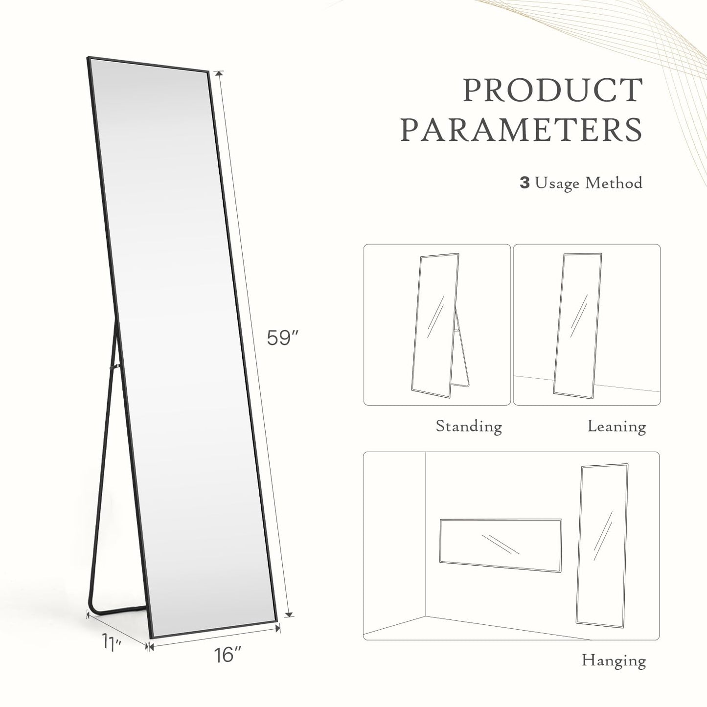 Aidoly Mirror Full Length, Upgraded 16"x59" Body Wall Mirrors with Shatter-Proof Glass, Floor Standing, Hanging or Leaning, Tall Mirror with Stand Aluminum Alloy Frame for Bedroom, Black