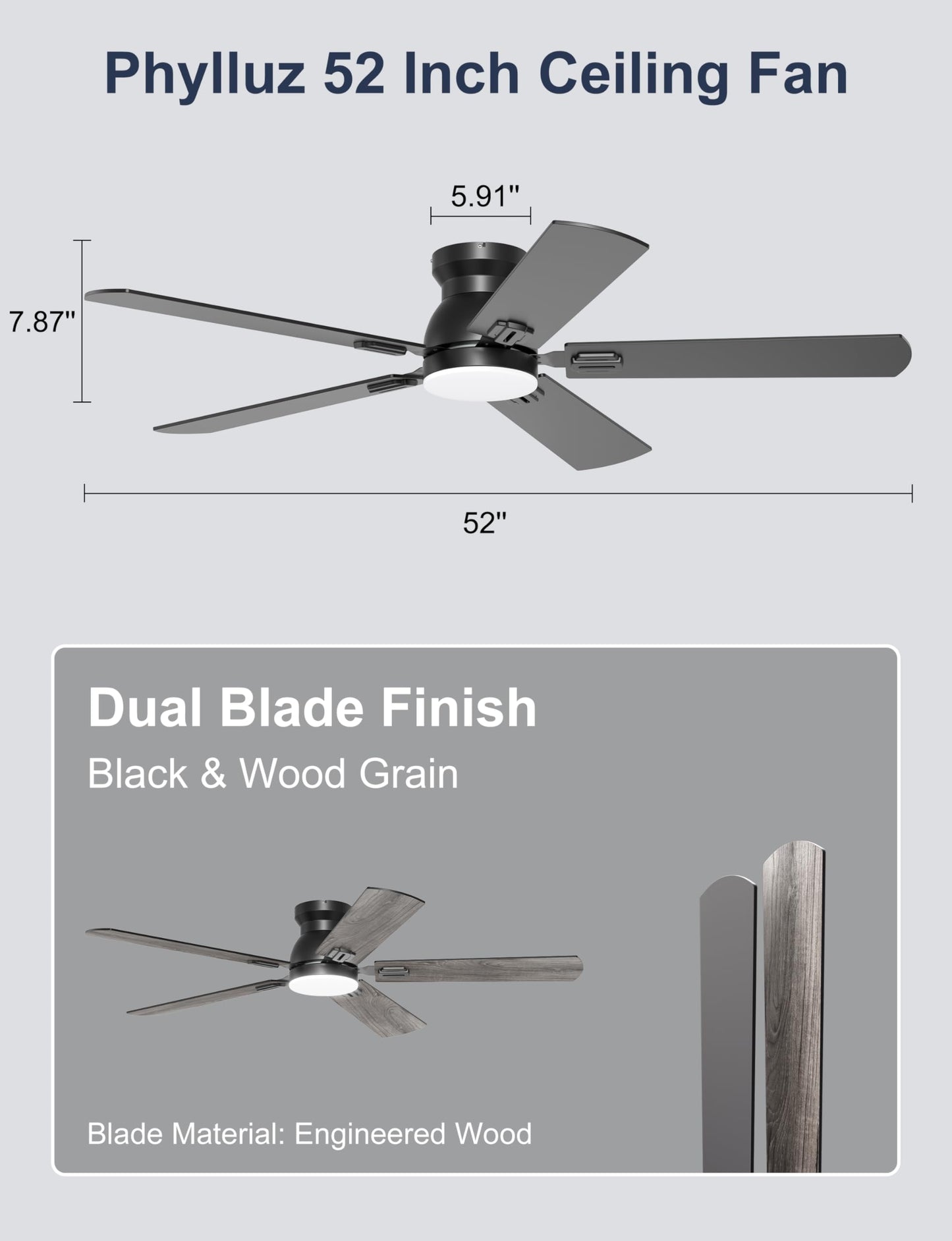 Phylluz 52'' Flush Mount Ceiling Fan with Lights, Space-Saving Low Profile for Low Ceilings, App/Remote Control, Safe Quiet DC Motor for Bedroom Living Room, Dimmable, Black