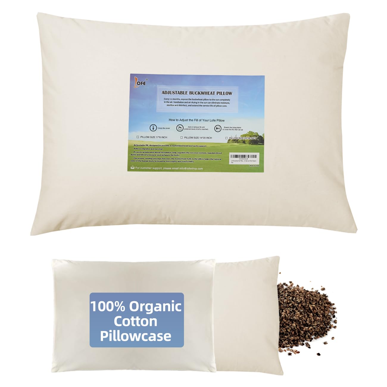 LOFE Organic Buckwheat Pillow for Sleeping with Organic Cotton Pillowcase - 16''x22'', Adjustable Loft, Breathable for Cool Sleep, Cervical Support for Back and Side Sleeper(Tartary Buckwheat Hulls)