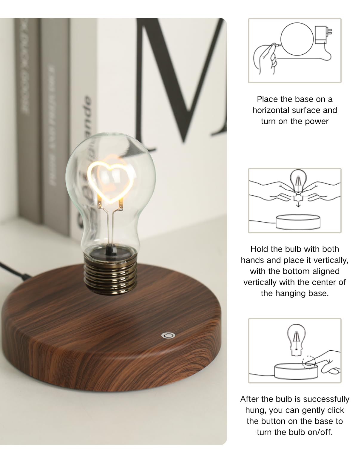 MOOCCI Levitating Bulb Lamp Magnetic Floating Light Desk Lamp Night Light, 360 Degree Wireless Automatic Rotating Light for Gifts Home Office Decor Desk Tech Toys (Round-Heart Bulb)