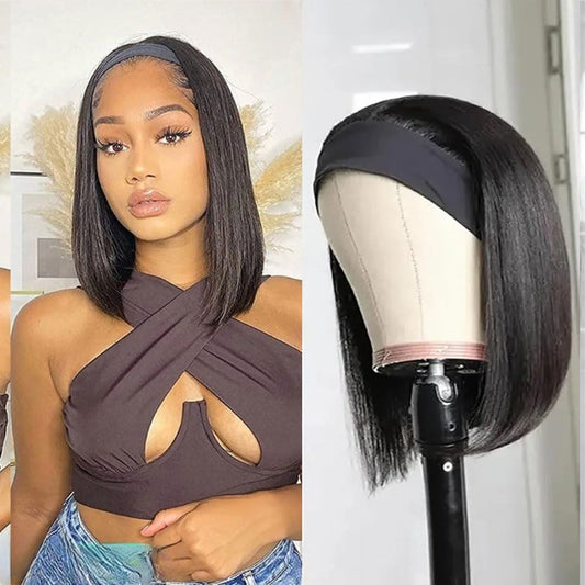 Annora Headband Wigs Human Hair Short Bob Wig Human Hair Straight bob Headband Wig Human Hair Remy Hair Easy Wear and Go Glueless WigsBob Headband Wigs for Women Black Color 150% Density 12 Inch