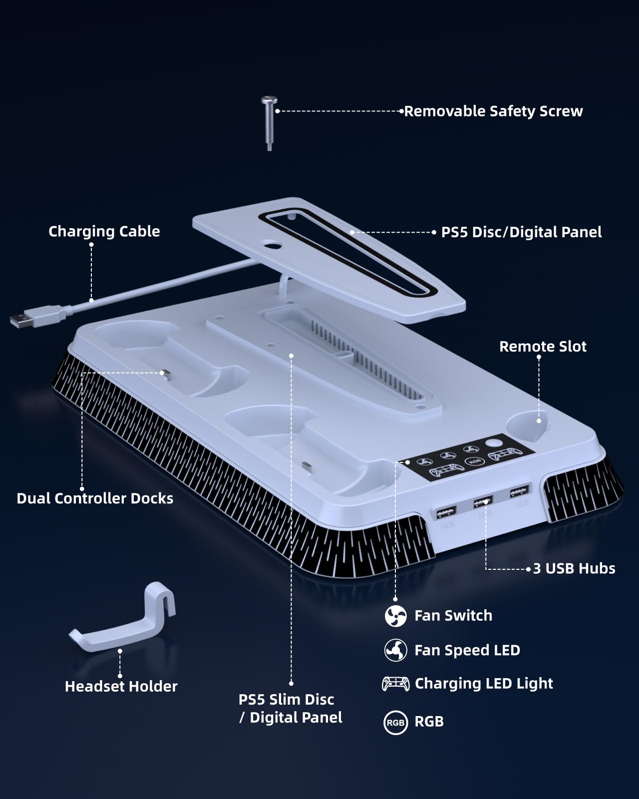 Lictin PS5 / PS5 Pro / PS5 Slim Stand and Cooling Station, Controller Charging Station for PlayStation 5 Console, PS5 Stand Controller Charger for Disc & Digital with Cooling Fan