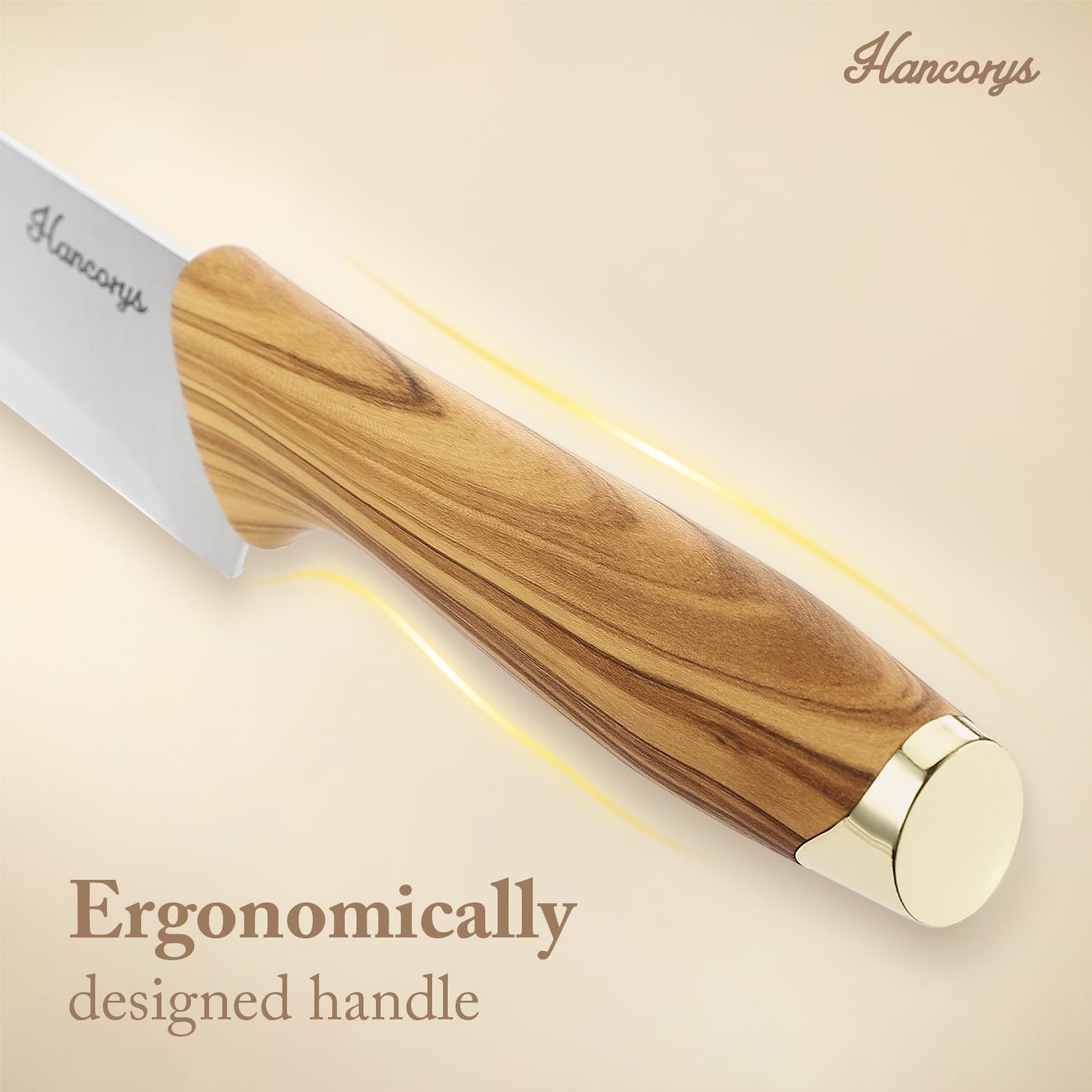 Hancorys Knife Block Set, Kitchen Knife Set with Sharpener, German Stainless Steel Gold Knives Set with Block and Ergonomic Wood Grain Handle, Ultra Sharp Cooking Knives