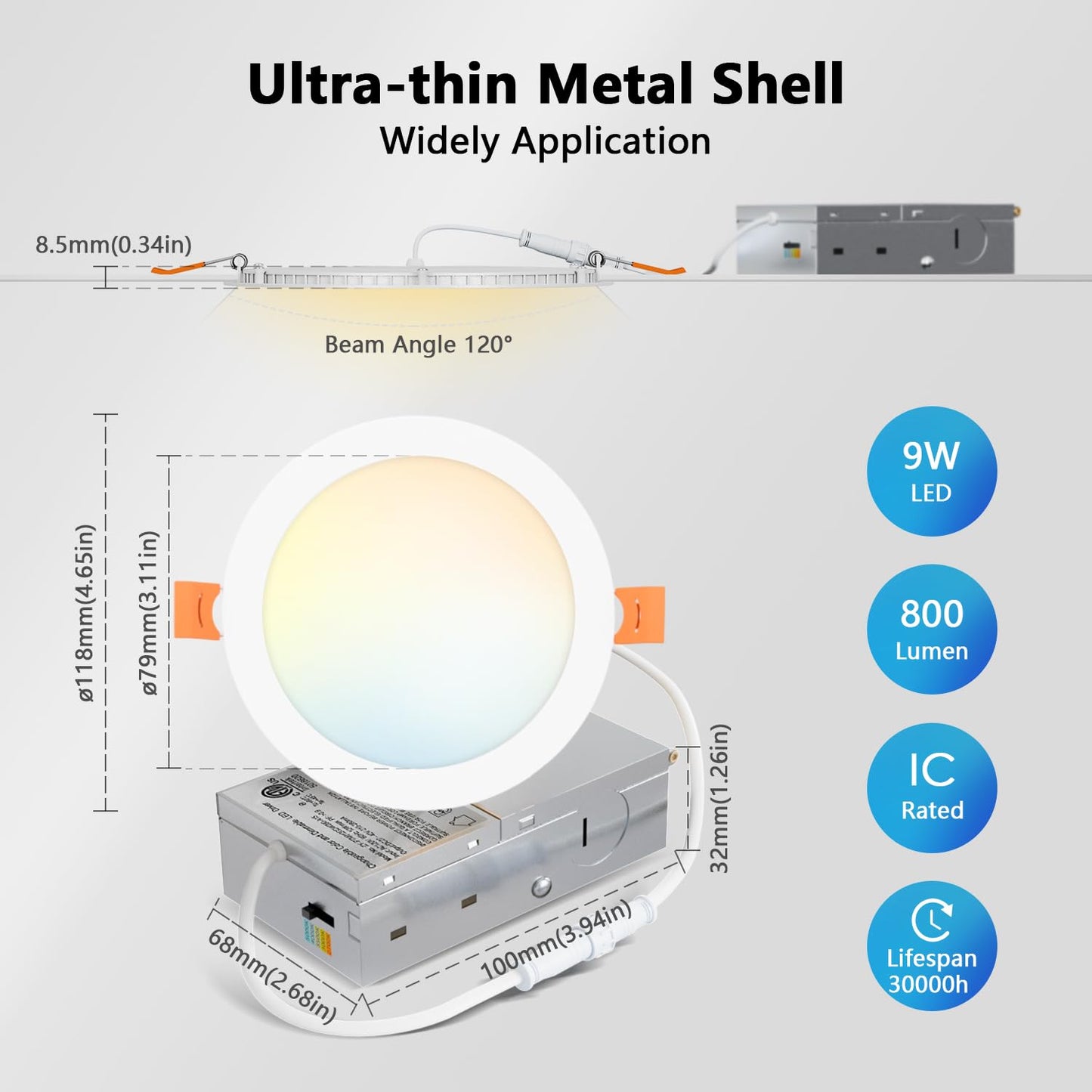LVWIT 12 Pack LED Recessed Lighting 4 Inch with Junction Box, 5CCT Dimmable LED Downlight, 9W Ultra-Thin Modern Led Ceiling Light, 2700/3000/3500/4000/5000K Selectable Can Lights, Smooth Trim