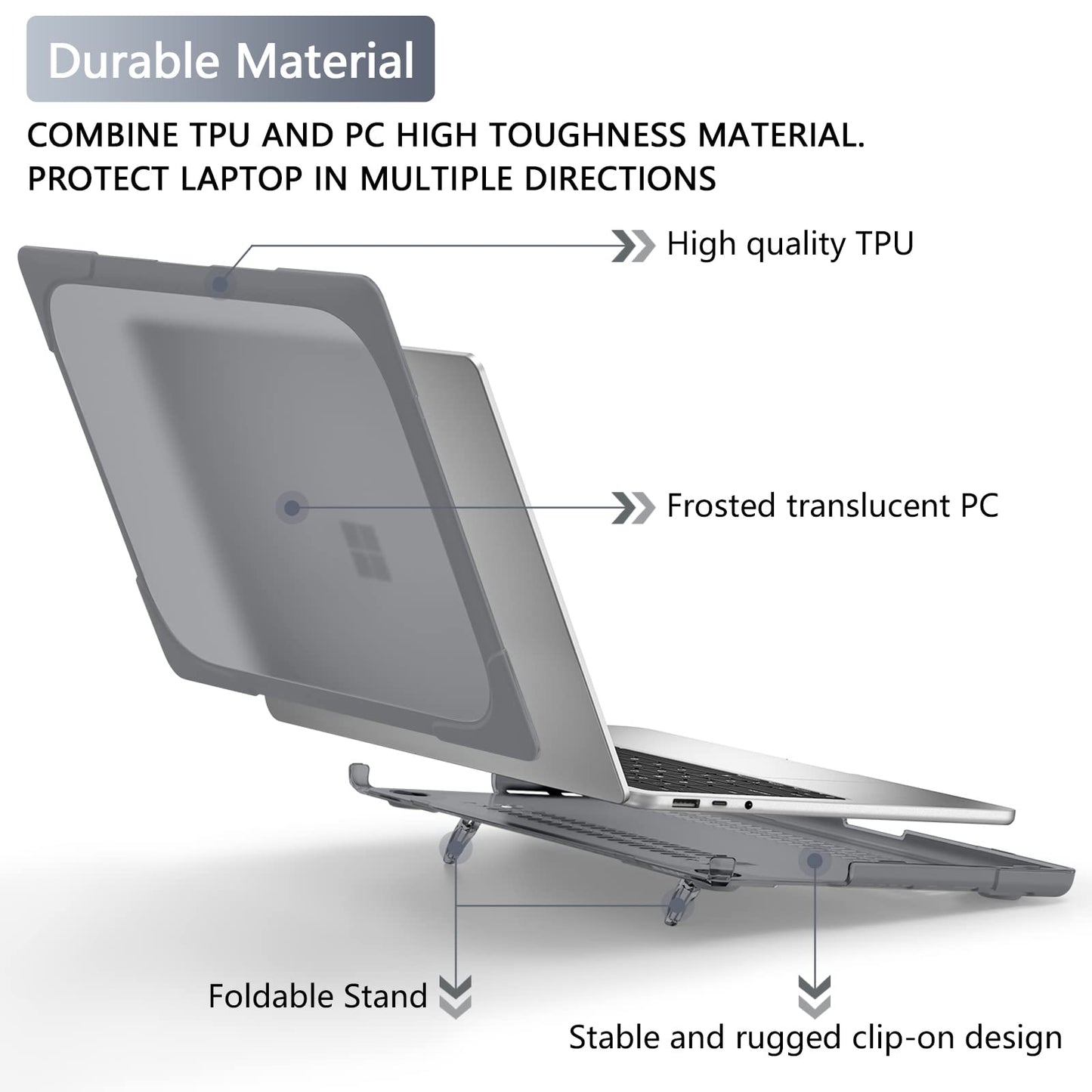 Batianda Heavy Duty Case for 13.5" Microsoft Surface Laptop 5 4/3 with Metal Palm Rest,Shockproof Protective Cover with Fold Kickstand for Enhanced Durability & Keyboard Cover Screen Protector, Gray