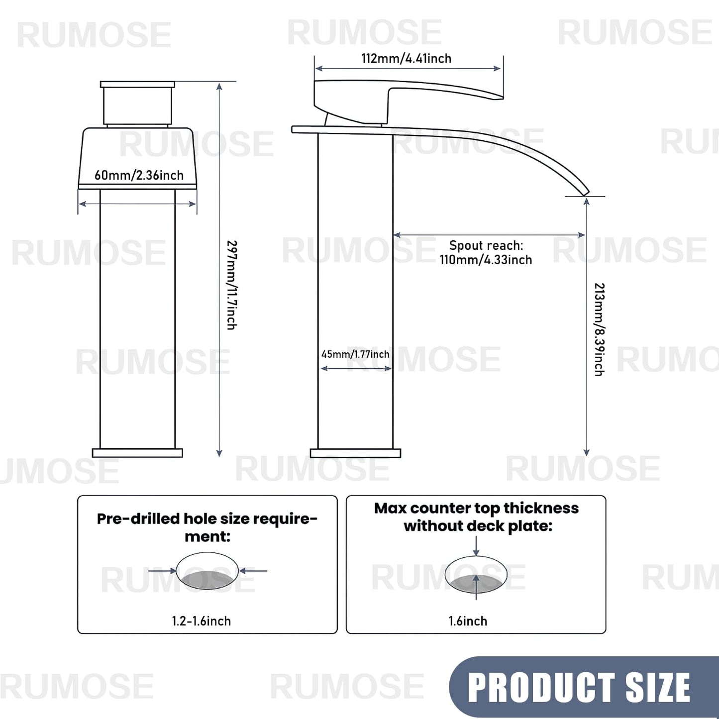 RUMOSE Tall Matte Black Bathroom Faucet with Pop Up Drain Modern Single Handle One Hole Bathroom Vessel Sink Faucet Waterfall Spout Rv Lavatory Vanity Faucet Deck Mount Mixer Tap, Stainless Steel