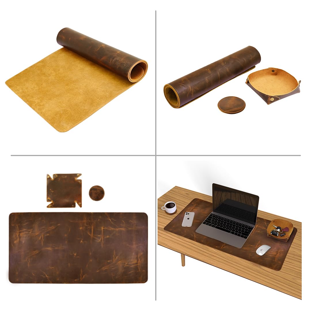 Leather Desk Pad (Real) Leather Desk Mat Set (32x16) Large Desk Cover Desk Blotter Desk Protector Computer Mat for Keyboard Gaming Mouse Pad Table Laptop Office Desktop Accessories Antique 2mm ELIZO