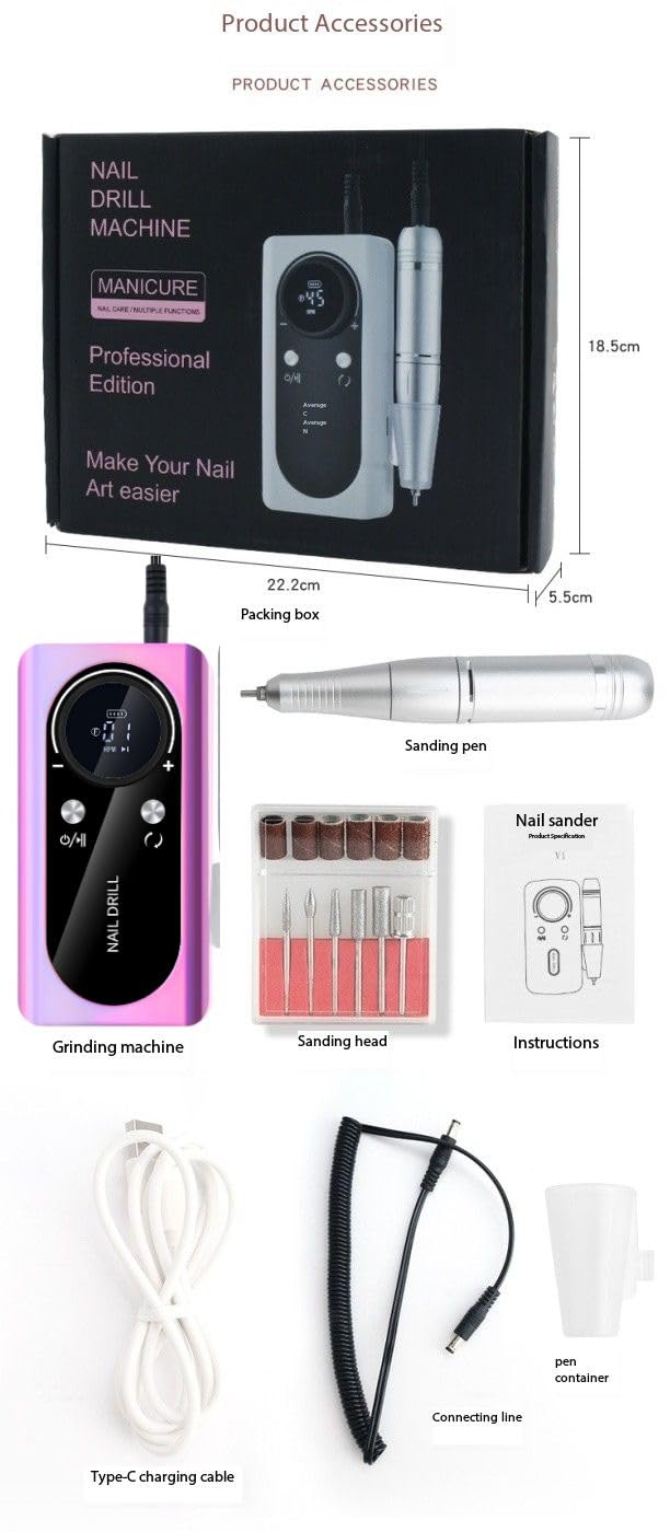 Sufeasdf Professional Electric Nail Remover and Polisher, 45,000 RPM Portable Nail Drill, 6 Bits and Sanding Strap, Nail Polish Removal, Manicure and Pedicure Salon Set, Purple