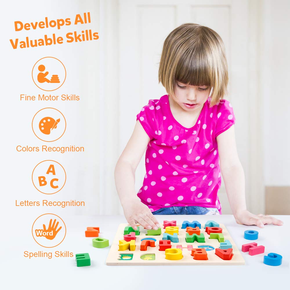 Coogam Wooden Alphabet Puzzle – Letters Peg Board ABC Blocks Matching Game Montessori Jigsaw Early Learning Educational Toy Gift for Children Kids