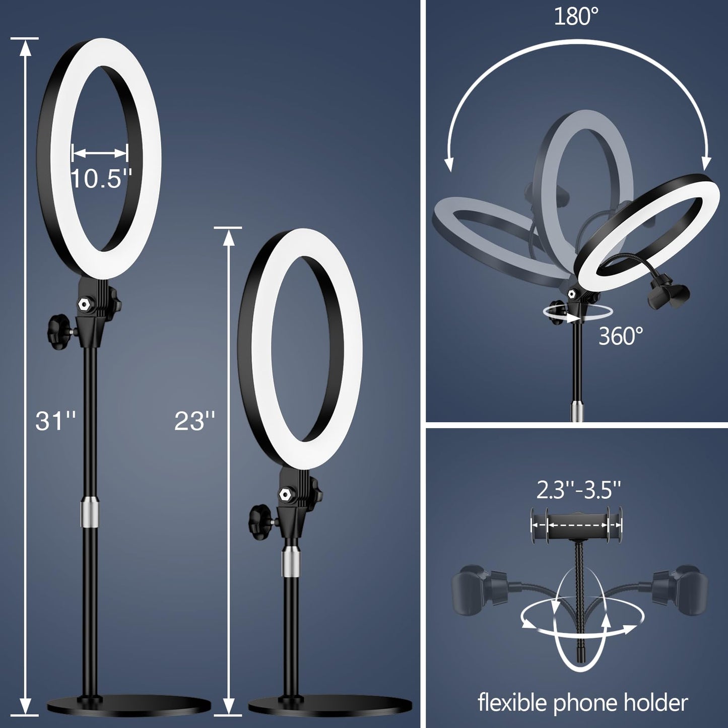 Desk Ring Light with Stand, 10.5'' Circle Light with Phone Holder for Video Recording, Adjustable Halo Light for Computer Zoom Meeting, Laptop Light for Conference Video Calls, Podcast, Live Streaming