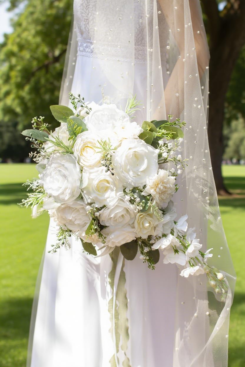Floinla 12 Inch Cascade Wedding Bouquets for Bride, Ivory & Champagne Cascading Bridal Bouquet for Wedding Silk Artificial Flowers