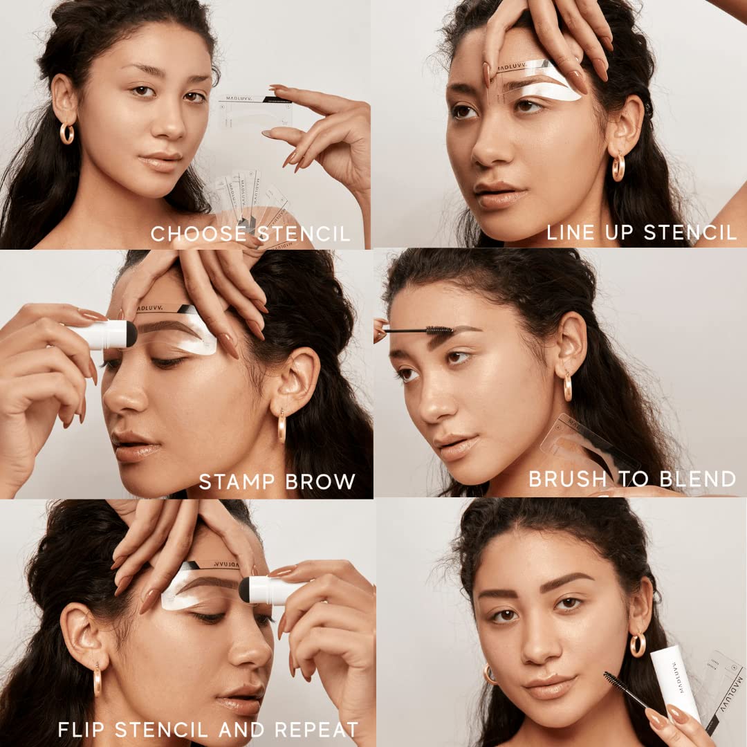 MADLUVV Eyebrow Stencil Kit - Easy-to-Use, Natural Look, 9 Popular Shapes, Used by Professionals - Includes Stamp, Stencils, Spoolie, and Travel Bag (Dark Brown)