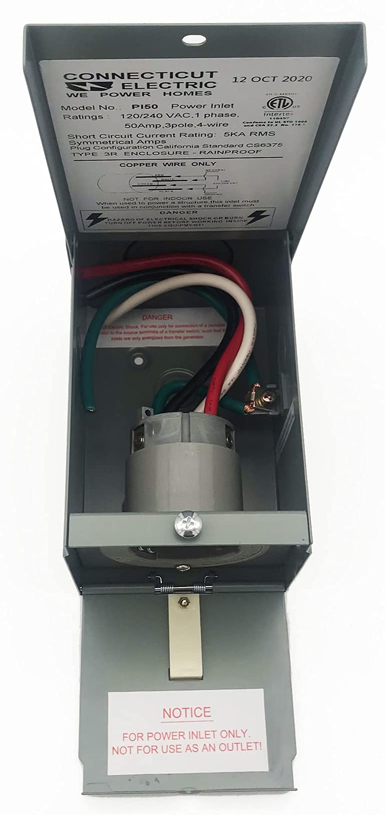 Connecticut Electric EGSPI50 50A Rainproof Generator Power Inlet Box with Cover, CS6375, SS2-50P, Receptacle, Gray