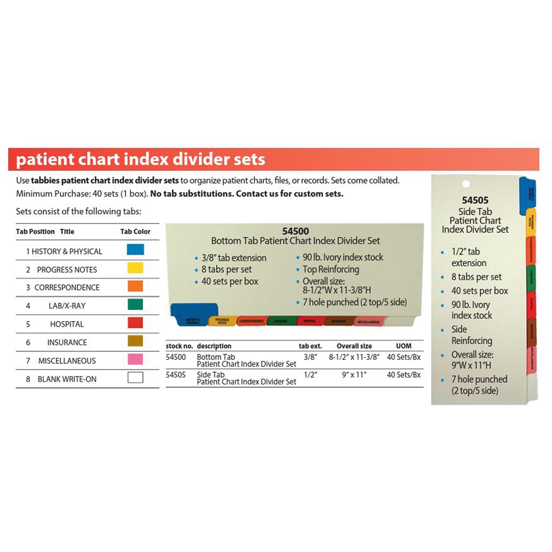 Tabbies TAB54505 Medical Chart Index Set, 8 Side Tab, 9 in. x 11 in., 40-BX, MLA