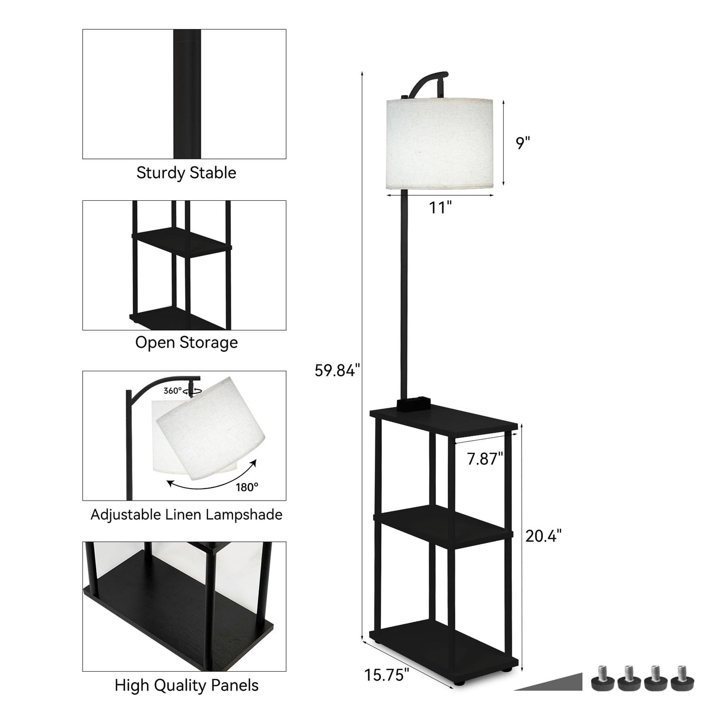 Qupui Floor Lamp with Table, Narrow Side Table with USB-A/USB-C Charging Station and AC Port, 3 Color Temperatures 12W LED Bulb, End Table for Bedroom, Living Room and Home Office, Black