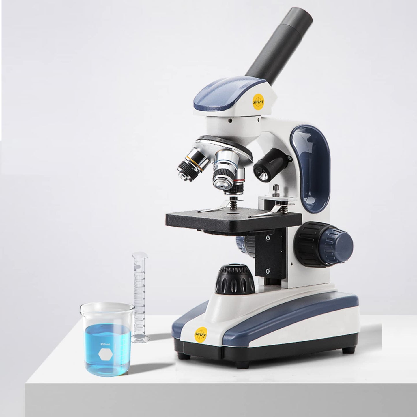 SWIFT Compound Monocular Microscope SW200DL with 40X-1000X Magnification, Dual Light, Precision Fine Focus, Wide-Field 25X Eyepiece and Cordless Capability for Student Beginner