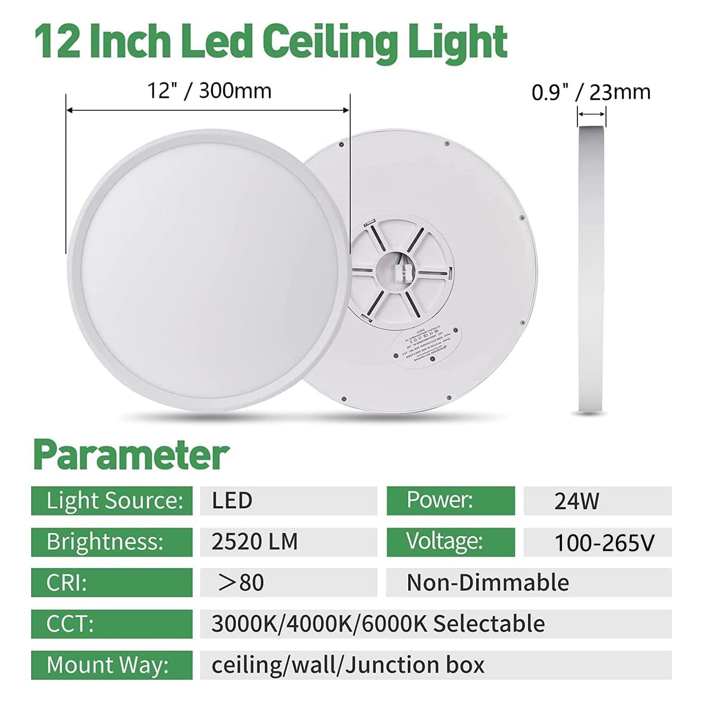 6PK 12 Inch LED Flush Mount Ceiling Light, 24W, 2520LM, 3000K/4000K/6000K CCT Selectable, Round Flat Panel Light Low Profile Ceiling Light Fitures for Hallway, Kitchen, Bedroom, Laundry Room