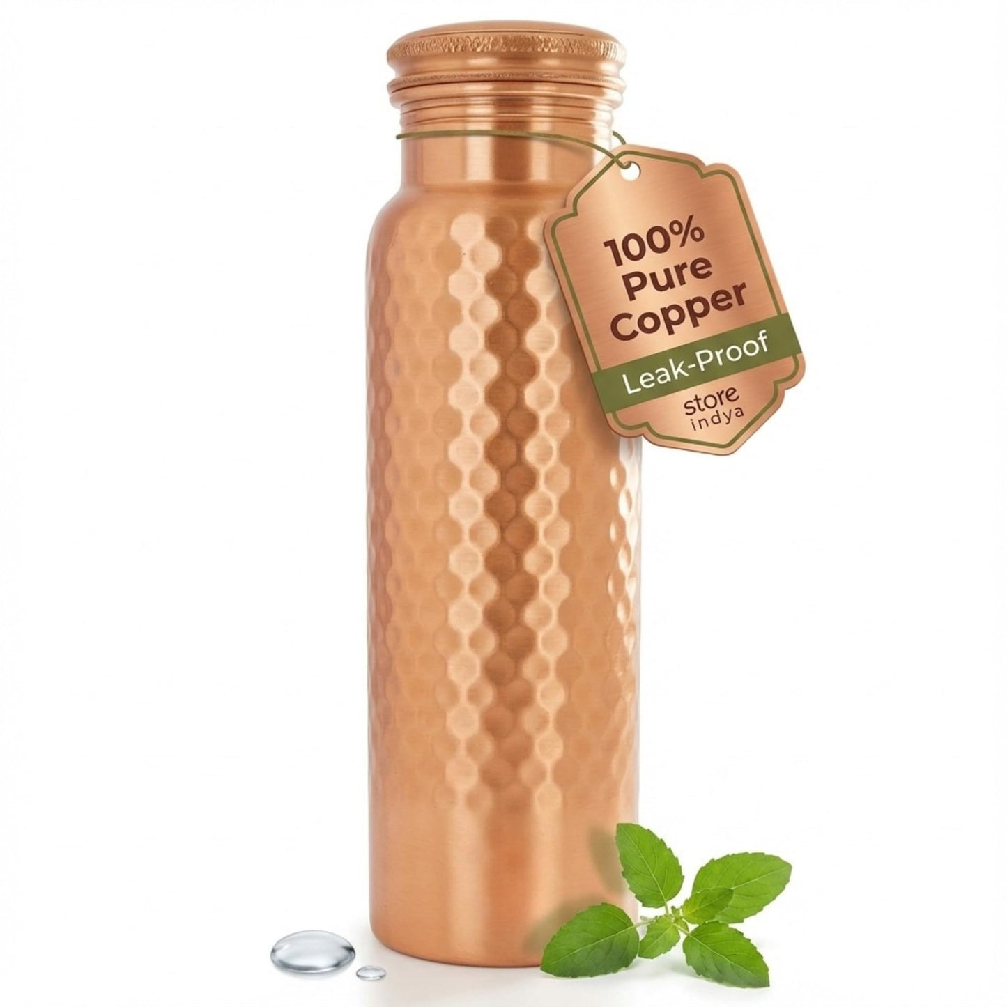 STORE INDYA Copper Water Bottle for Drinking Water 30 oz | 100% Pure Copper Ayurvedic Water Bottle with Leak-Proof Lid | Hammered Finish for Better Grip | Wellness Flask for Yoga, Office, Gym use