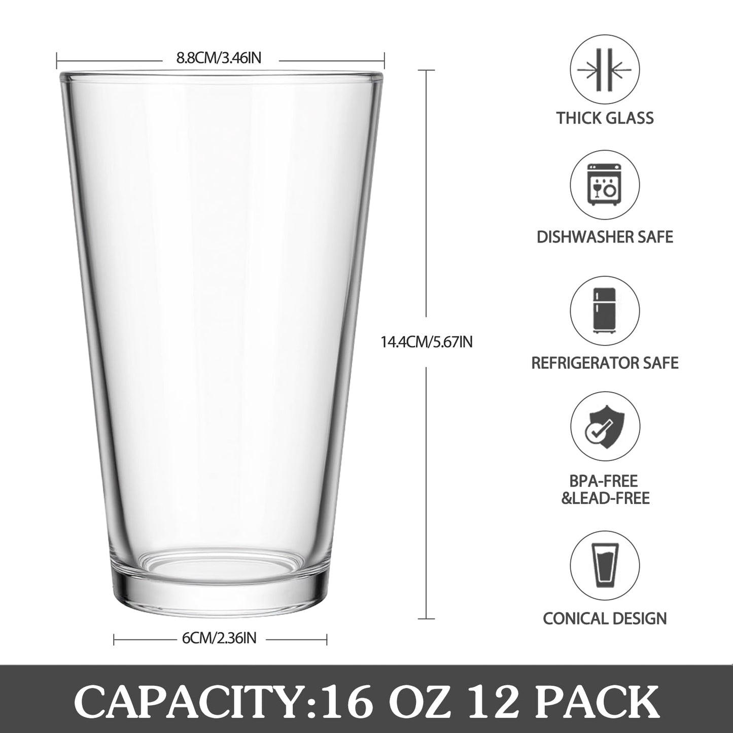 CUCUMI Beer Pint Glasses Set of 12,16 oz Drinking Glasses,Cocktail Glasses Made for Hot & Cold Beverages Mixing Glass & Highball Set of 6 for Homes, Pubs & More