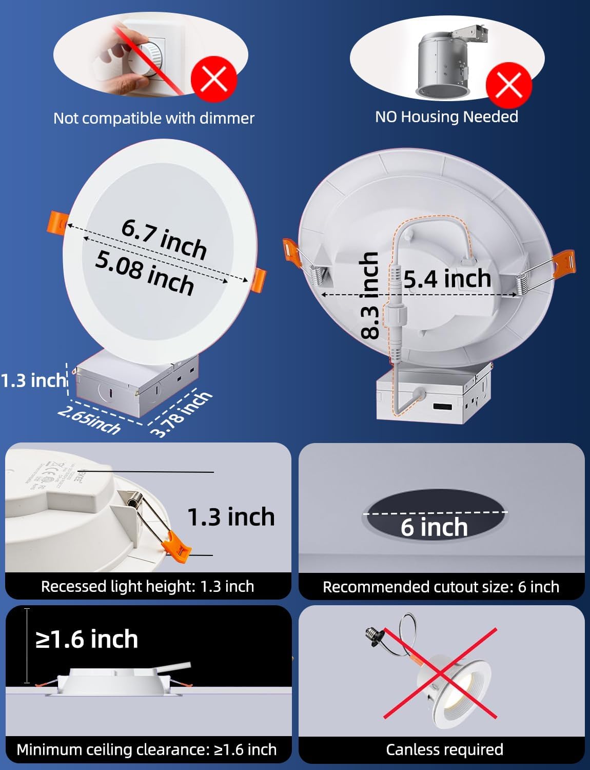 HEKEE LED Reccessed Downlights, Color Changing, 6 Inch, Recessed Ceiling Lights (6 Packs)
