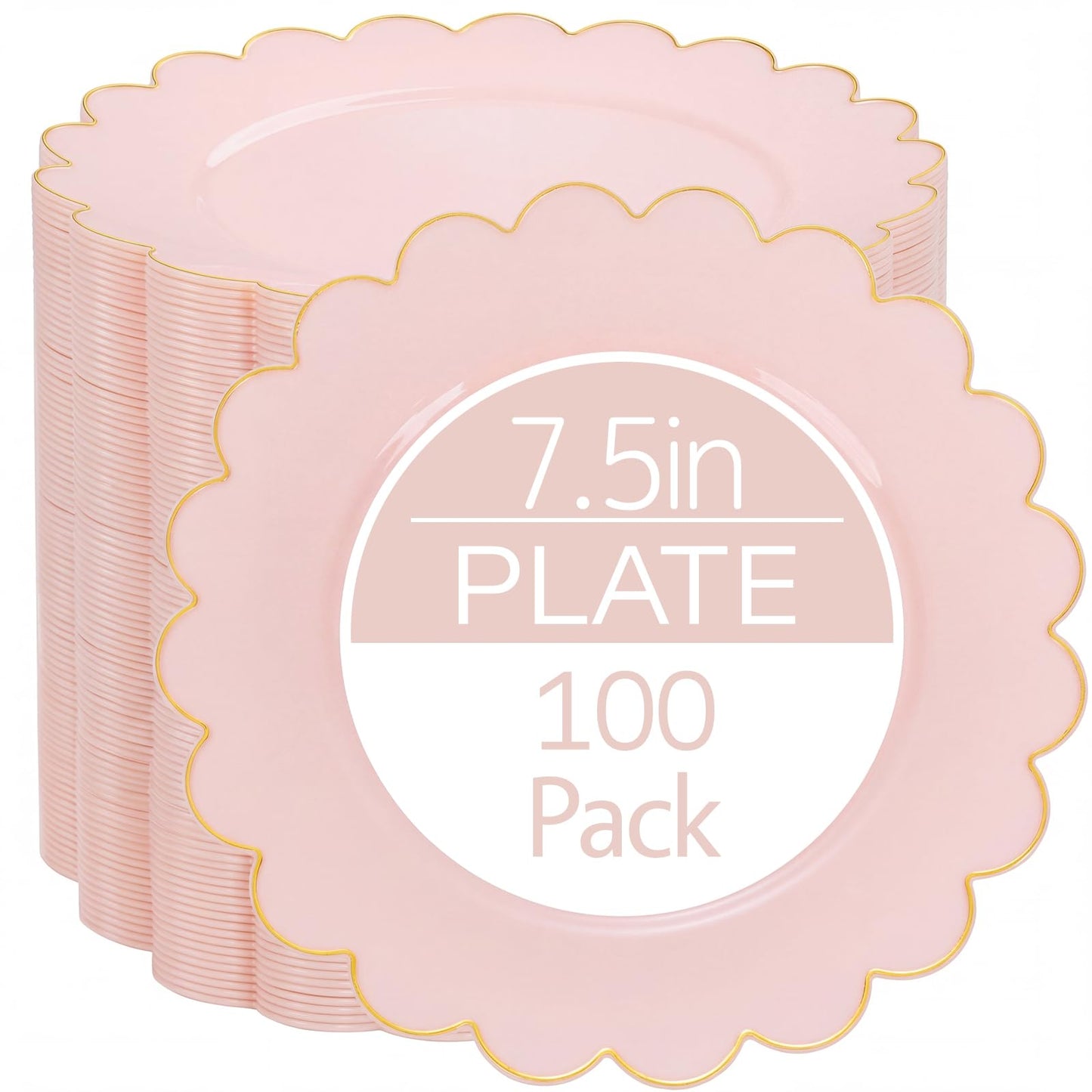 LIYH 100 Pcs 7.5" Pink Plastic Plates with Gold Disposable Pink Dessert Plates Gold Plastic Plate,Baby Shower Plate Set Suitable for Weddings Bridal Showers Afternoon Tea