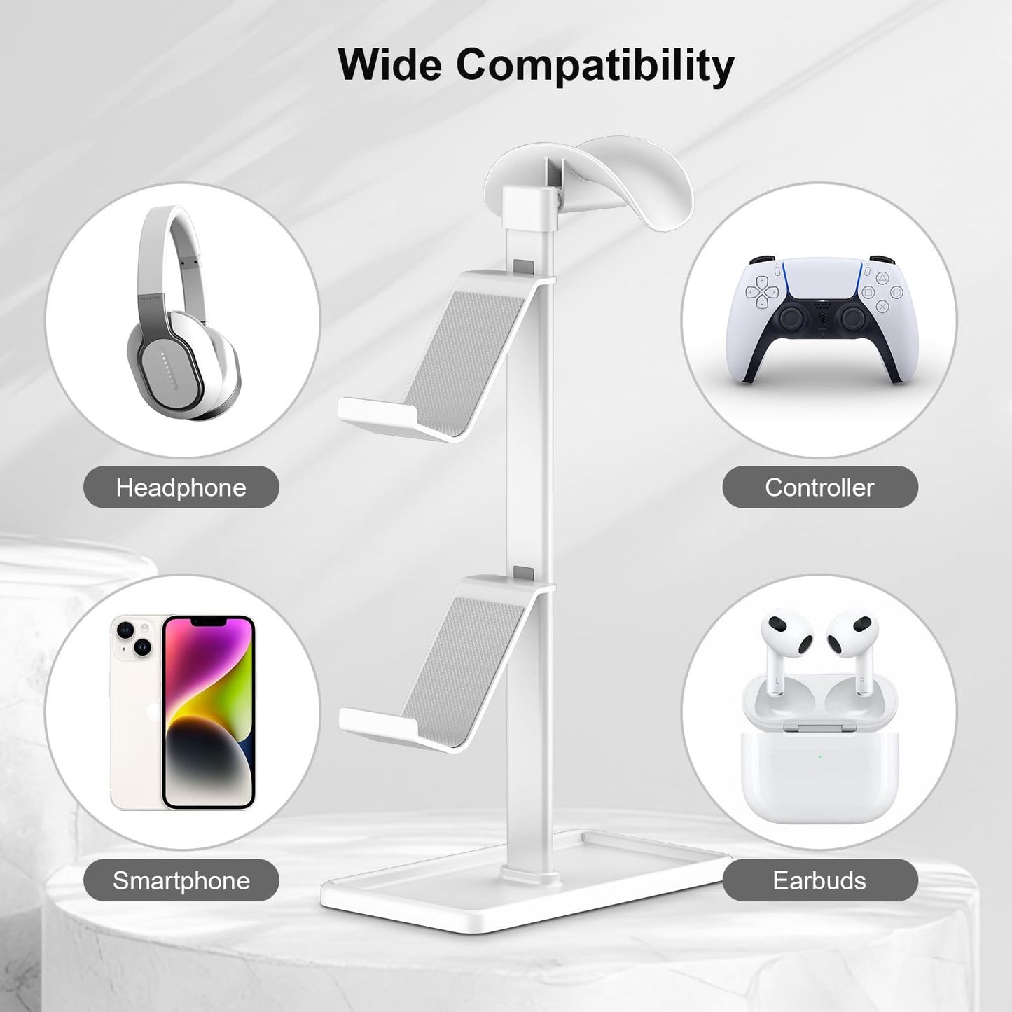 SHUOSUO Controller Holder, Headphone Stand, Gaming Controller Stand for Xbox PS5 PS4 Switch, Headset Holder with Storage Organizer, Universal Desk Game Accessories (White)