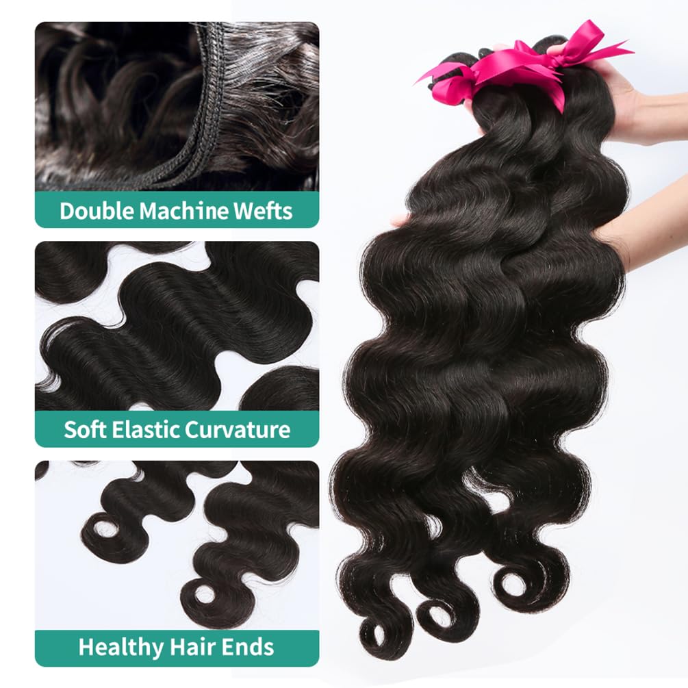 Human Hair Bundles Body Wave 4 Bundles （16 18 20 22) 12A Grade 100% Unprocessed Brazilian Virgin Human Hair Body Wave Bundles Double Weft Human Hair Extensions Natural Black Color