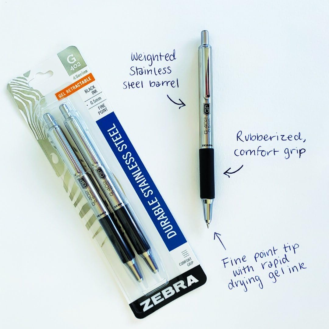 Zebra Pen STEEL G-402 Retractable Gel Pens - 0.5mm Fine Point - Smooth Black Ink - Rapid Dry Ink for No Smears or Smudges - Refillable Stainless Steel Writing Pens for Office, School, 12-Pack (49210)