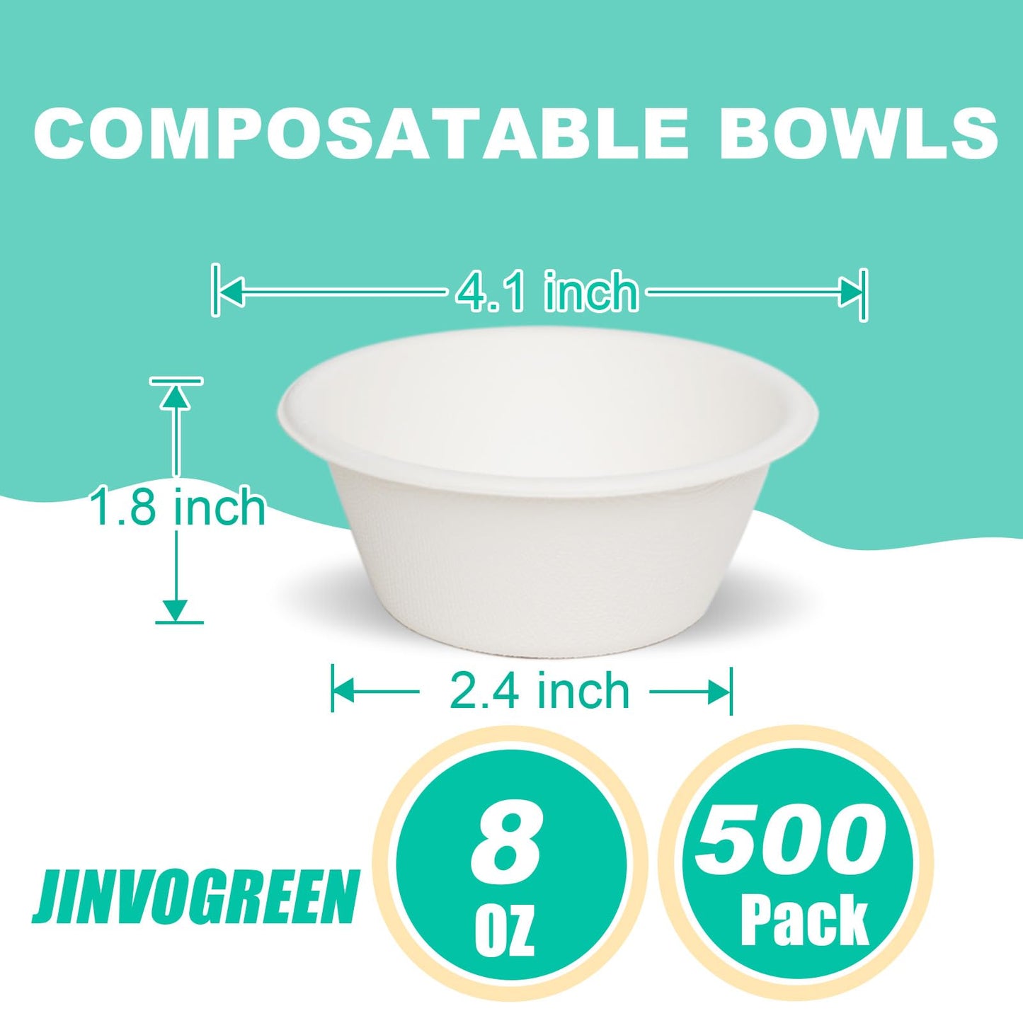 JINVOGREEN 500 Count 8 oz Paper Bowls, Disposable Compostable Bowls Bulk, Heavy Duty Biodegradable Bagasse Bowl for Snacks, Soup, and Salads, White
