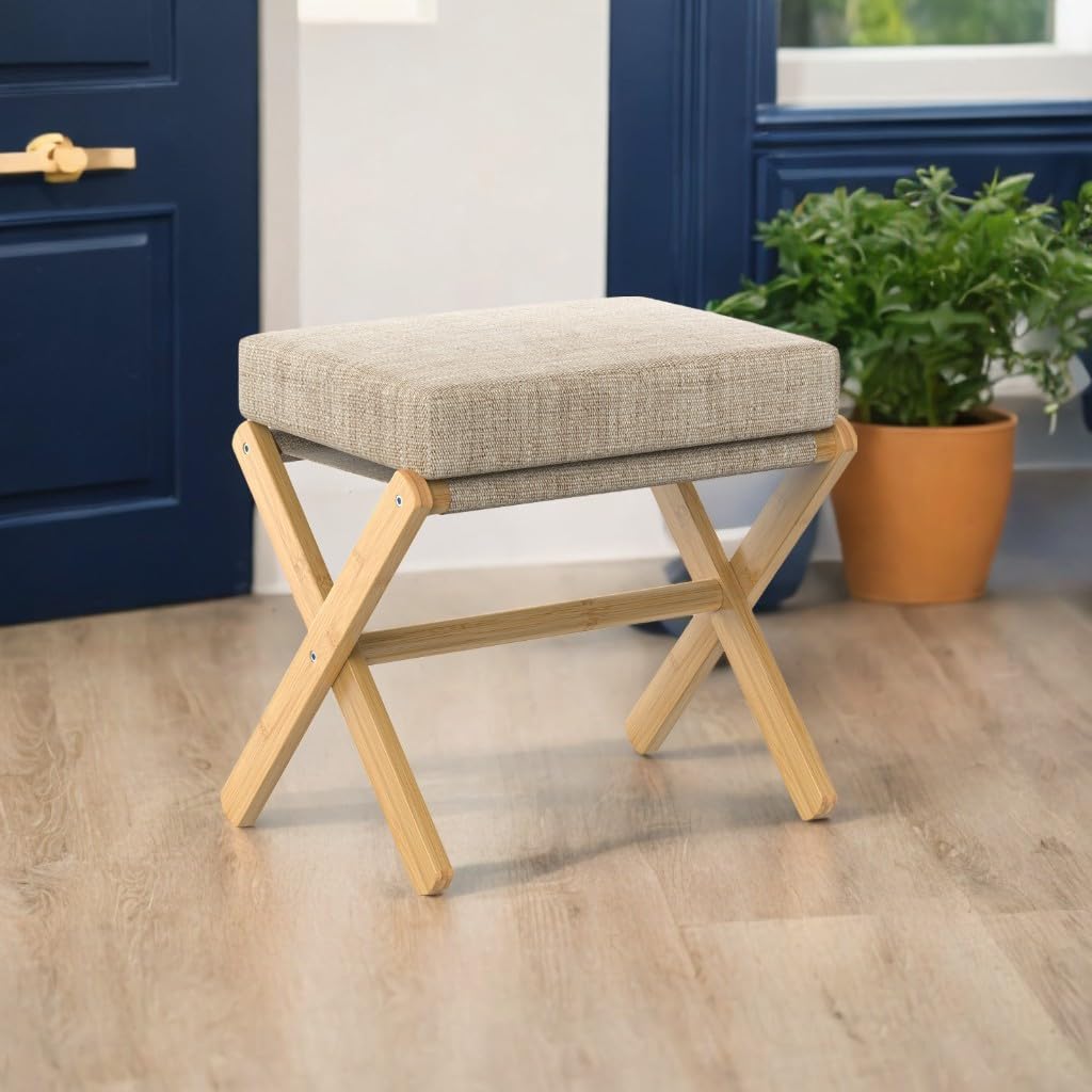 BAMBOOHOMIE Foldable Foot Stool Ottoman, Modern Foot Rest with Bamboo X Legs & Thick Foam Cushion, Folding Foot Stools Small Padded for Bedroom Living Room, Makeup Vanity Stool Chair (Natural - Brown)