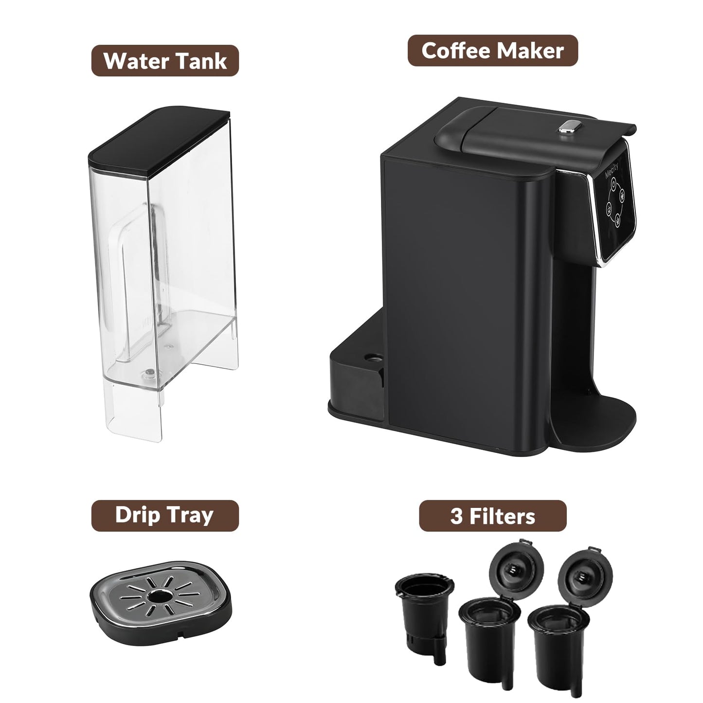 Mecity Coffee Maker 3 in 1 Single Serve Coffee Machine, Compatible with K cup Capsules, Instant Coffee Pot, Tea maker, 6,8,10 Oz Cup, Removable 50 Oz Water Reservoir, 120V 1150W, Dark Grey