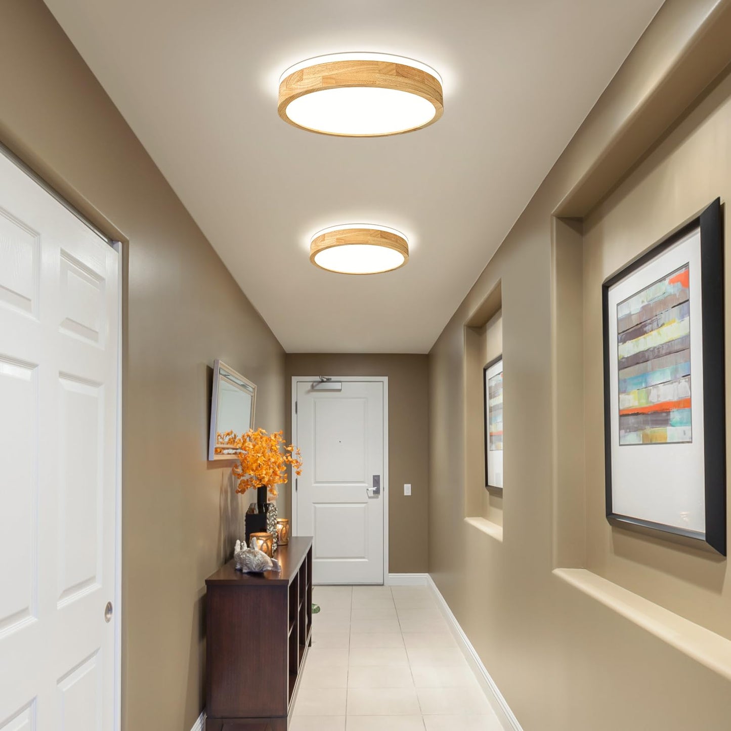 Pevfah Modern Dimmable Wood Flush Mount Ceiling Light, 2700K-6000K 5CCT Round Close to Ceiling Lighting Fixtures, Minimalist LED Ceiling Lamp for Bedroom, Kitchen, Hallway, Living Room-15.74in