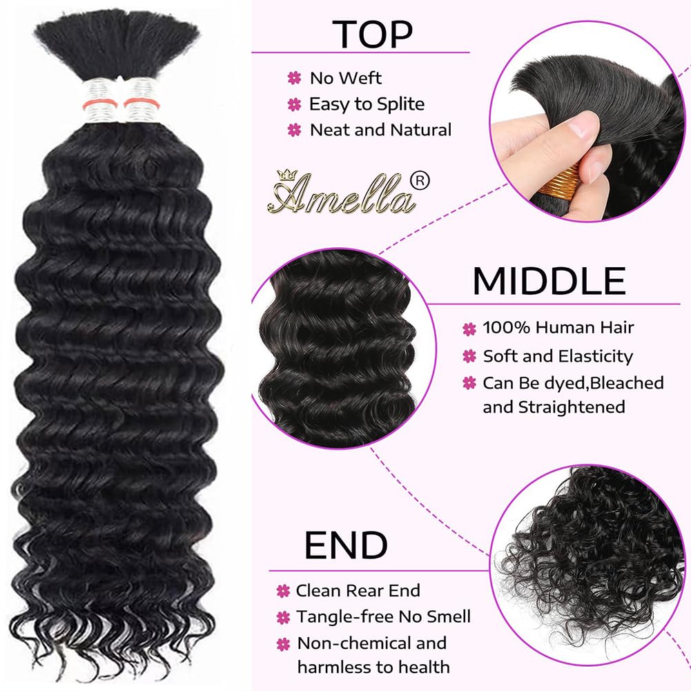 Amella Deep Wave Bulk Human Hair for Braiding 20 Inch Curly Boho Human Hair for Braiding Hair (1pack-2bundles) 100% Brazilian Boho Braids Human Hair Braiding Hair for Boho Braids