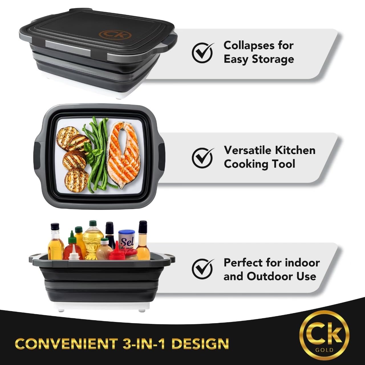 CK GOLD New XL Collapsible BBQ Prep Tub with LOCKING Lid, Cutting Board & Drain Hole | BPA-Free, Food-Grade, Space-Saving Prep Tubs for Marinating, Grilling, Camping & Outdoor Cooking (Black, 16L)