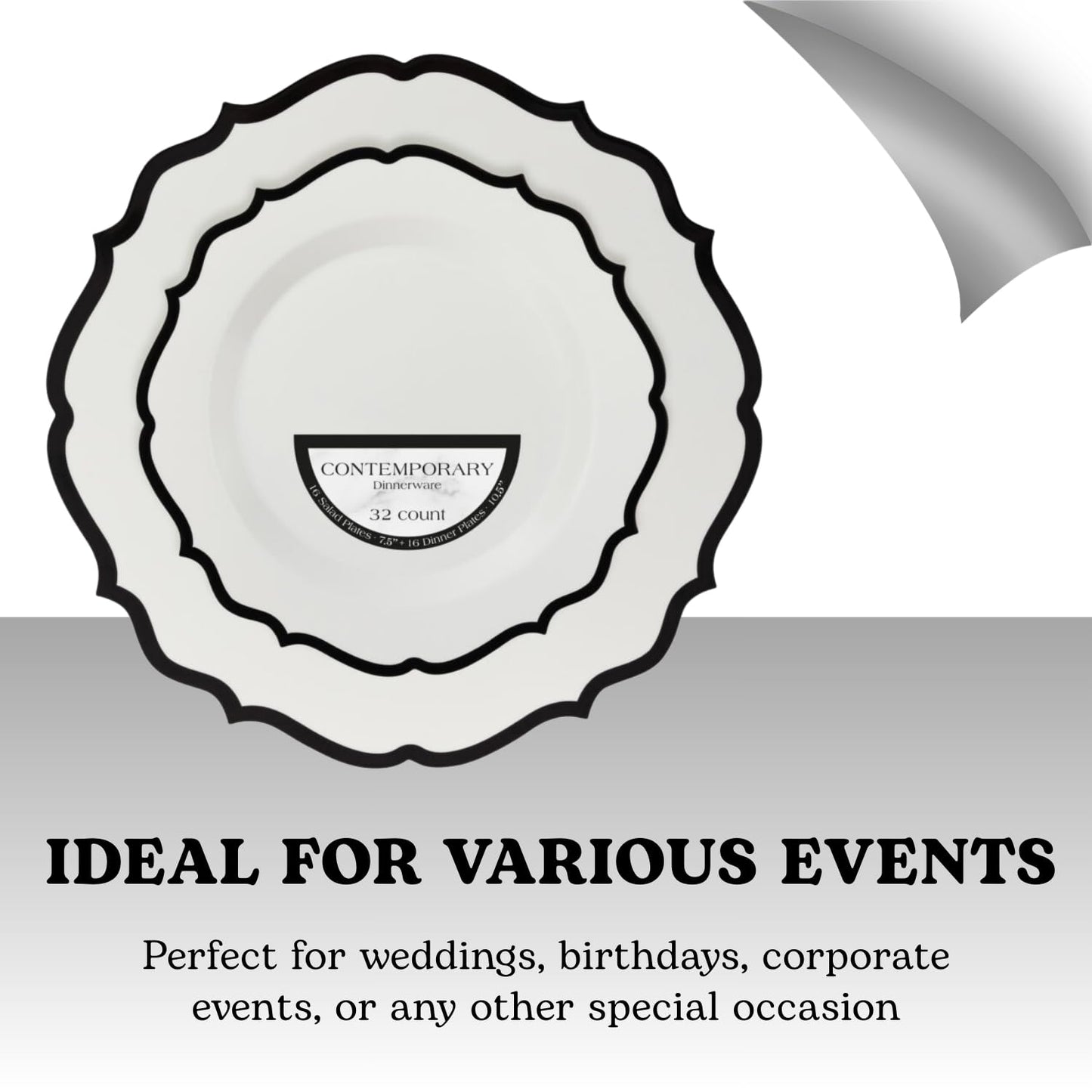 Contemporary Collection Combo White Plates with Black Rim - 7.5" - 10.5" (Pack of 32) - Sleek Modern Design - Perfect for Entertaining & Everyday Use