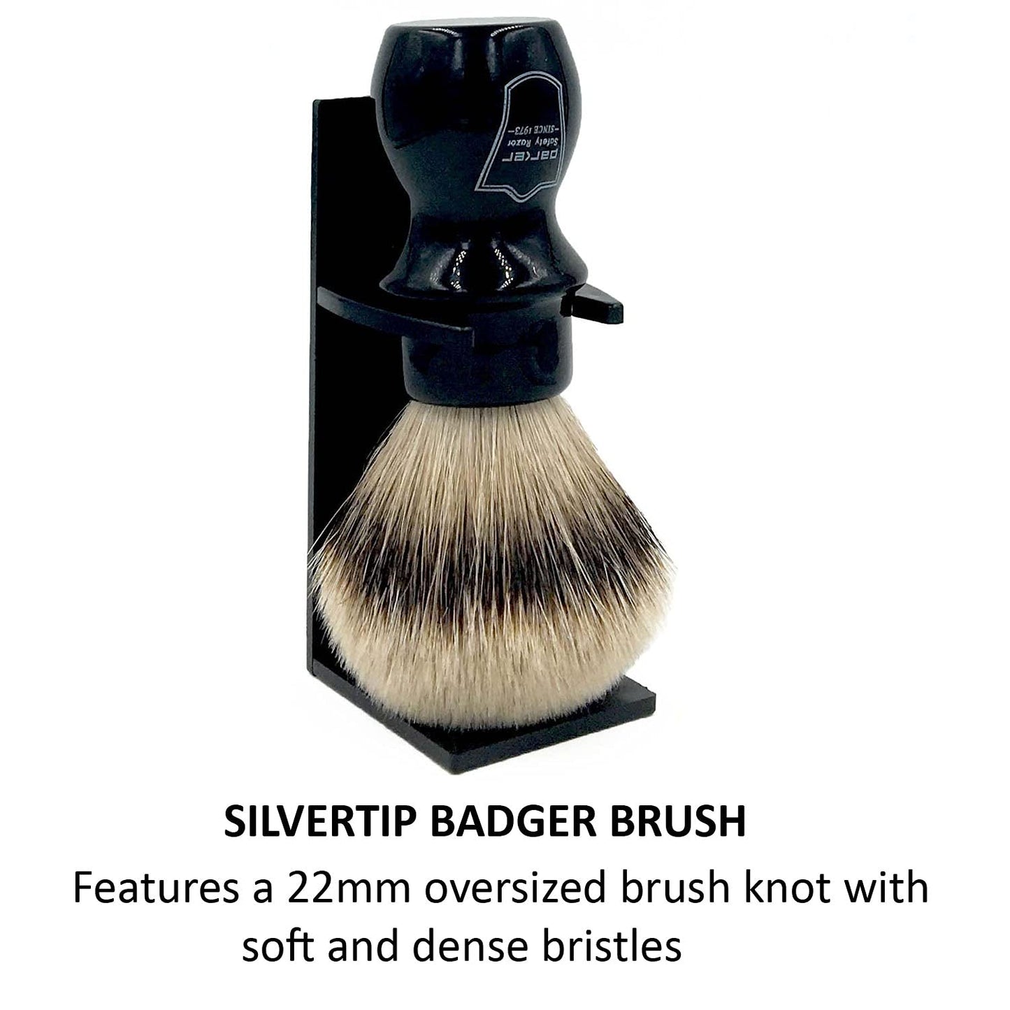 Parker 100% Silvertip Badger Mug Shaving Brush with Brush Stand - Extra Dense and Extra Soft Bristles - Long Handle is Perfect for use with Your Shaving Mug (BLACK)