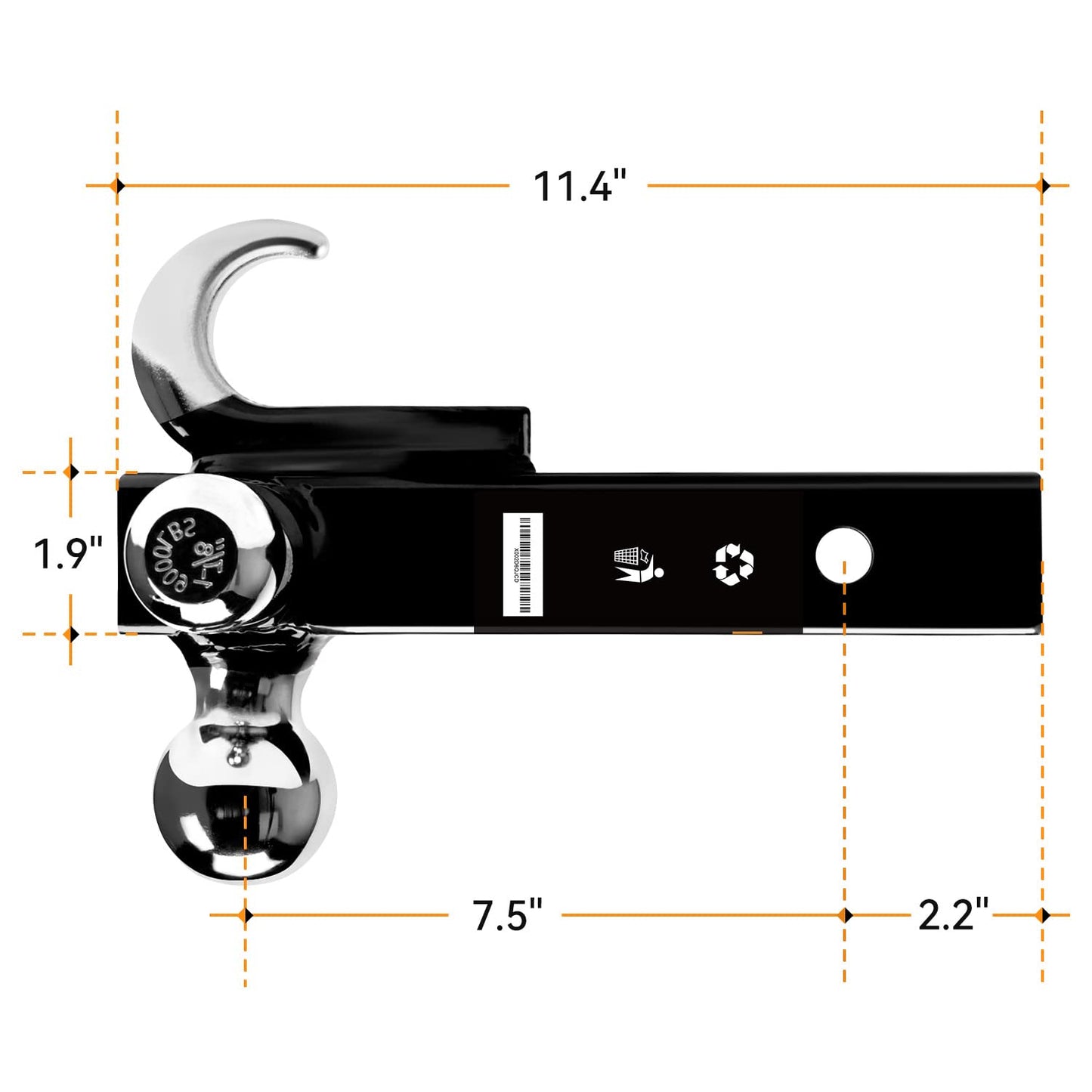 ORCISH Trailer Hitch Tri-Ball Mount with Tow Hook & Pin, Chrome Trailer Ball Sizes 1-7/8", 2" & 2-5/16", Fit 2 Inch Hitch Receiver, 10,000 LBS Max Towing Capacity for RVs, SUVs, ATVs & Trucks