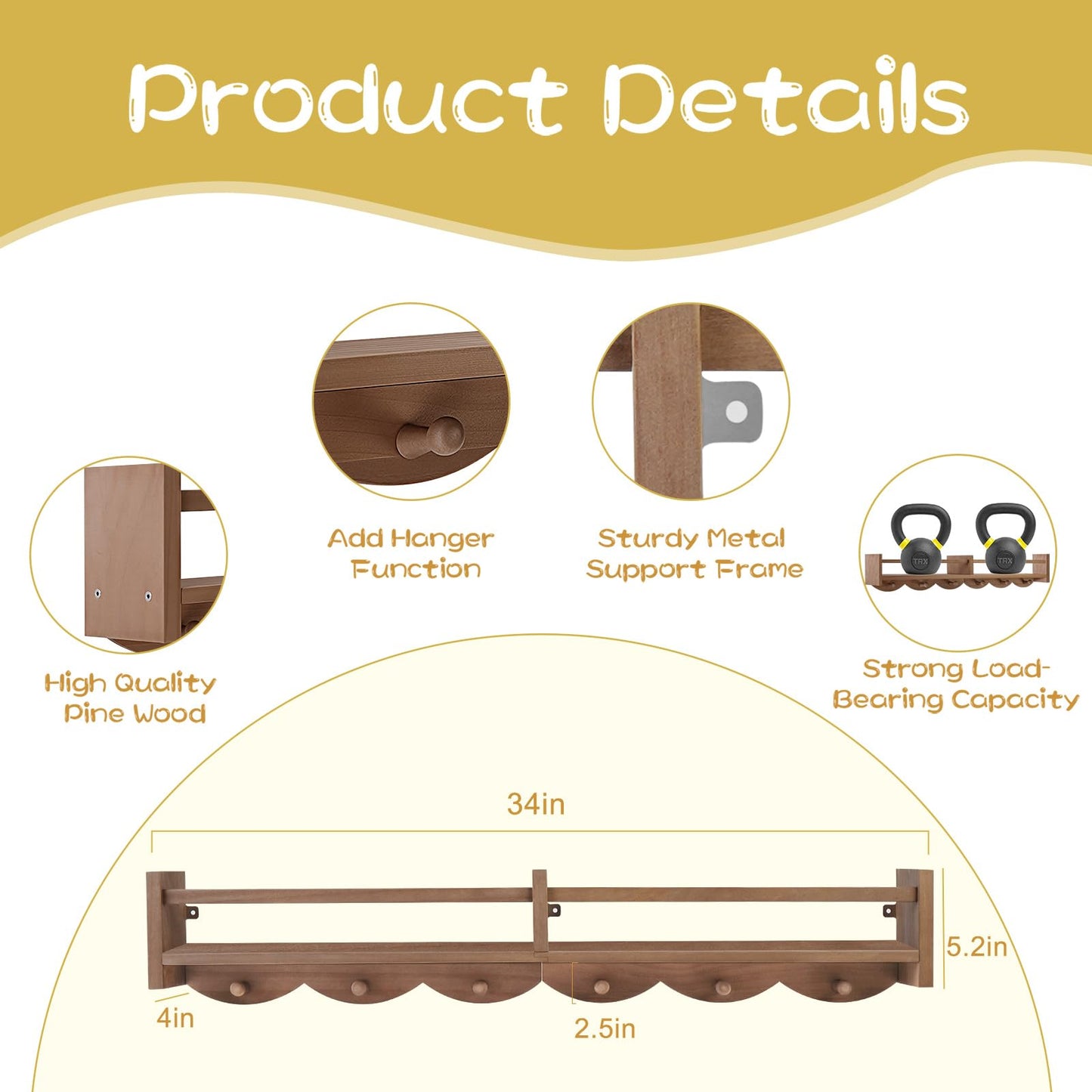 Dixryaus 34Inch Nursery Book Shelves Wall Mounted, Floating Book Shelf for Kids Coat Rack with 6 Hooks, Wall Hanging Shelf for Baby Nursery Room Organizer ，Patent Number:US-D1058229-S(4, Light Brown)