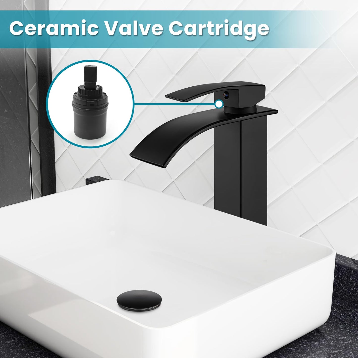 gotonovo Waterfall Tall Bathroom Faucet Single Handle Bathroom Faucets for Sink 1 Hole Stainless Steel Vessel Sink Faucet Modern Mixer Tap Wash Basin Faucet with Pop Up Drain, Matte Black