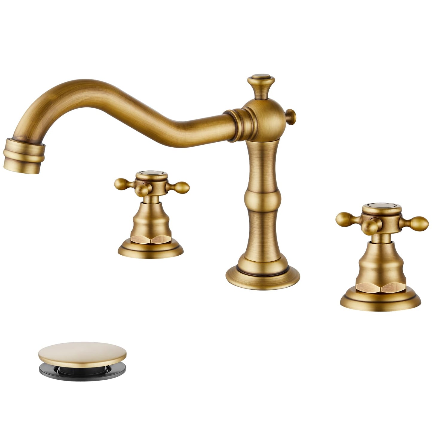 gotonovo 3 Hole Widespread Bathroom Sink Faucet Double Cross Handle Mixer Tap Faucet for Bathroom Sink Vanity Faucet Deck Mount Basin Hot Cold Water Matching Pop Up Drain Antique Brass