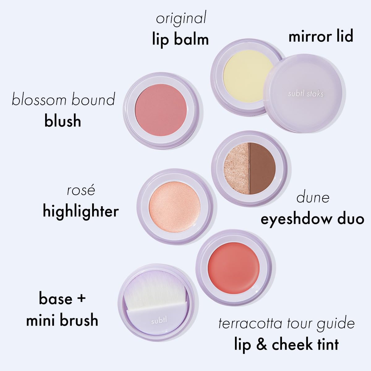 5-in-1 travel makeup kit by subtl beauty | eyeshadow duo, powder blush, cream highlighter, lip and cheek, lip balm | free travel mirror and brush | stackable makeup for travel