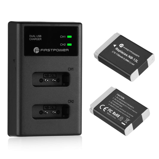 FirstPower 2-Pack NB-13L Battery and Dual USB Charger Compatible with Canon PowerShot G7 X Mark II, G7 X, G1 X Mark III, G5 X, G5X Mark II, G9 X, G9 X Mark II, SX620 HS, SX720 HS, SX730 HS, SX740 HS