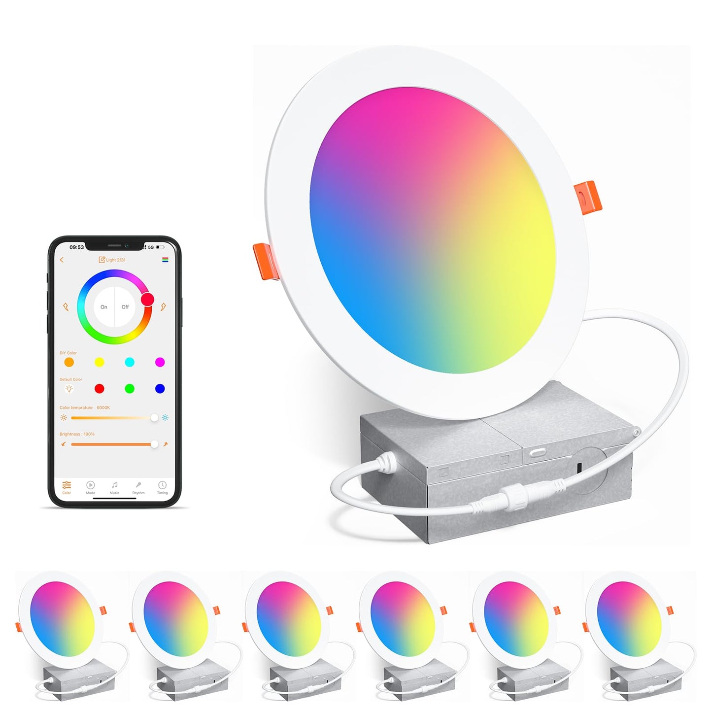 SikSog Smart Recessed Lighting 6 Inch RGBCW Color Changing 16W LED Downlight with Junction Box,1350 Lumen Recessed Ceiling Light Compatible with Alexa,Dimmable by Bluetooth Control -6Pack