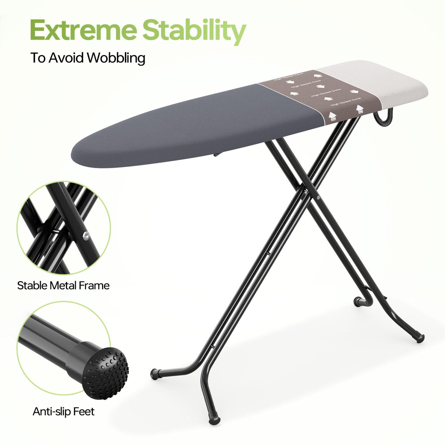 Foldable Ironing Board Standard Size, Iron Board Table Stand Foldable, Space-Saving Iron and Ironing Boards Set, Folding Ironing Boards Full Size with High Speed Zone and Hanging Hook 13x43 Warm Gray