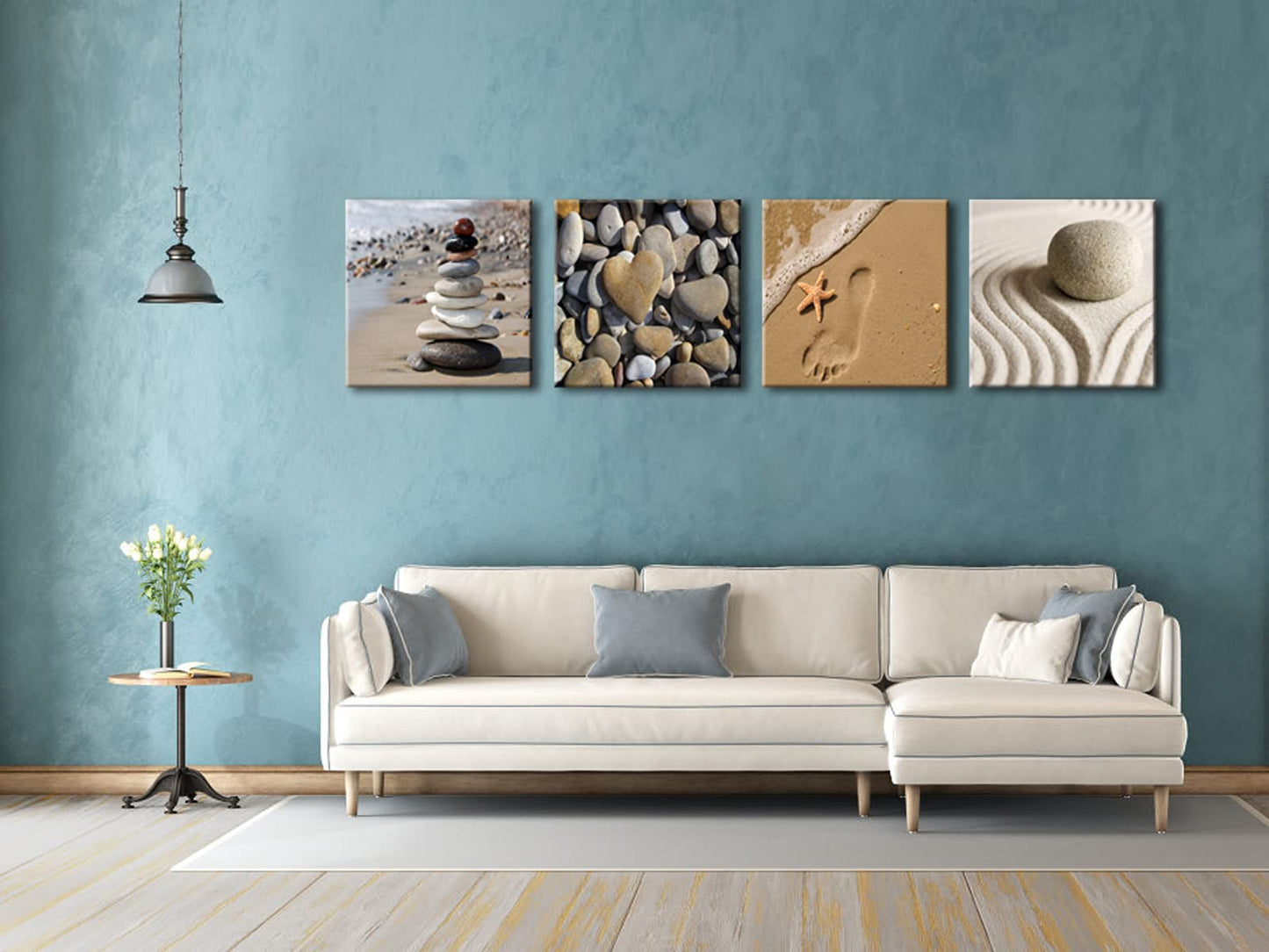 Wieco Art Canvas Prints Wall Art Romantic Beach Theme Zen Stone Pictures Paintings for Living Room Kitchen Home Decor Large Modern 4 Panels Stretched and Framed Seascape Sea Beach Artwork L