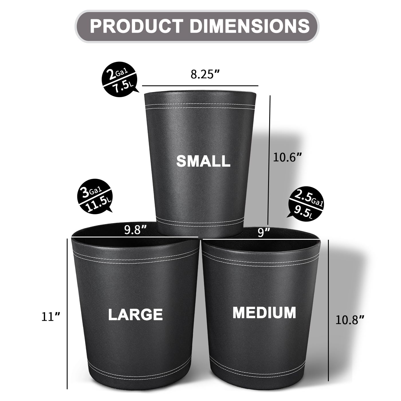 KINGFOM 3 Pack PU Leather Small Office Trash Can Wastebasket, Round Garbage Container Bin for Bathrooms, Powder Rooms, Kitchens, Home, Bedroom, High-Class Hotel, Black